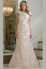 Front view of champagne Rina di Montella RD3428 floral jacquard formal gown