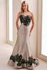 Front view of Montage M841 taupe mikado mother dress with black lace appliqués