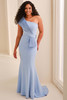 Front view of Montage M3211 powder blue one-shoulder mother dress