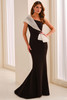 Front view of Montage M3211 black and ivory one-shoulder mother dress