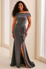Front view of Montage M3213 smoke off-the-shoulder mother dress with slit