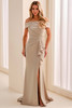 Front view of Montage M3213 stone off-the-shoulder mother dress with slit