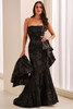 Front view of Montage M3214 black brocade mermaid gown with matching shawl