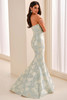 Back view of Montage M3214 aqua strapless brocade gown