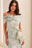 Close-up of Montage M3214 aqua brocade bodice with draped neckline and ruffle detail