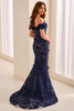Back view of Montage M3215 blue willow nude fit-and-flare gown