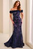 Front view of Montage M3215 blue willow nude off-the-shoulder mother dress