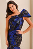 Close-up of Montage M3216 asymmetrical bow shoulder and beaded bodice