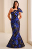 Front view of Montage M3216 royal blue metallic jacquard mother dress