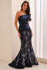 Front view of Montage M3217 navy blue asymmetrical strapless mother dress