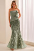Front view of Montage M3217 sage strapless embroidered mother dress