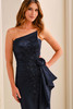 Close-up of Montage M3219 asymmetrical bodice with floral appliqués and rosette