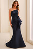 Front view of Montage M3219 navy blue asymmetrical mother dress
