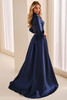 Back view of Montage M3220 navy blue collared A-line gown