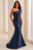 Front view of Montage M3222 navy blue one-shoulder mother dress