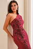 Close-up of Montage M3222 one-shoulder bodice with beaded floral appliqués
