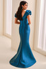 Back view of Montage M3224 dark teal fit-and-flare gown with covered buttons