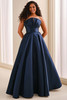 Front view of Montage M3226 navy blue mikado A-line mother dress