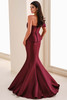 Back view of Montage M4200 burgundy mermaid gown with covered buttons