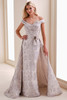 Front view of Montage M4201 silver brocade sheath gown with detachable train