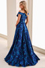 Back view of Montage M4201 lapis brocade gown with detachable train