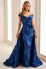 Front view of Montage M4201 lapis brocade mother of the bride dress with detachable train