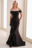 Front view of Montage M4202 black off-the-shoulder mermaid gown