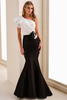 Front view of Montage M4206 ivory and black one-shoulder mother dress
