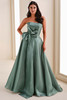 Front view of Montage M4207 eucalyptus strapless A-line mother dress