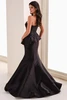 Back view of Montage M4208MKD black mermaid gown with peplum bodice