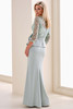 Back view of Montage M4209 sea glass fit-and-flare gown