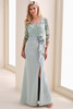 Front view of Montage M4209 sea glass lace sleeve mother of the bride dress