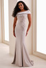 Front view of Montage M4214 oyster off-the-shoulder mother of the bride gown