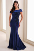 Front view of Montage M4214 blue willow off-the-shoulder mermaid mother dress