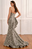 Back view of Montage UM212 taupe fit-and-flare brocade gown