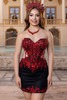 Black red rose strapless mini dress with beaded lace bodice, front view