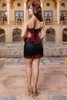 Black red rose mini dress with low back and lace detailing, back view