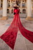 Black red rose detachable chapel train flowing from crystal-beaded bow, back view
