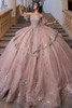 Vizcaya 4080002 rose gold cascading ruffle quinceanera ball gown, front view