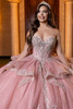 Pink silver strapless sweetheart quinceanera ball gown, front view