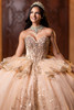 Champagne gold strapless sweetheart bodice with crystal beaded lace, front view