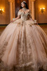Vizcaya 4080003 champagne gold ruffle peplum quinceanera ball gown, front view