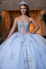 Light blue silver strapless sweetheart quinceanera ball gown, front view