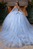 Light blue silver glitter tulle ball gown with detachable back bow, back view
