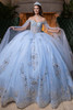 Vizcaya 4080004 light blue silver angel sleeve quinceanera ball gown, front view