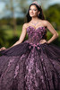Dusty rose black sweetheart ball gown with patterned glitter appliqués, front view
