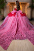 Red rose white lace ball gown with detachable double-loop bow, back view