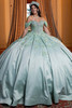 Vizcaya 4080006 sage shimmer satin quinceanera ball gown, front view