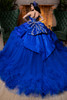 Regal royal tiered tulle ball gown with detachable satin bow, back view