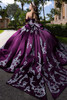 Plum silver satin ball gown with metallic lace bow and chapel train, back view